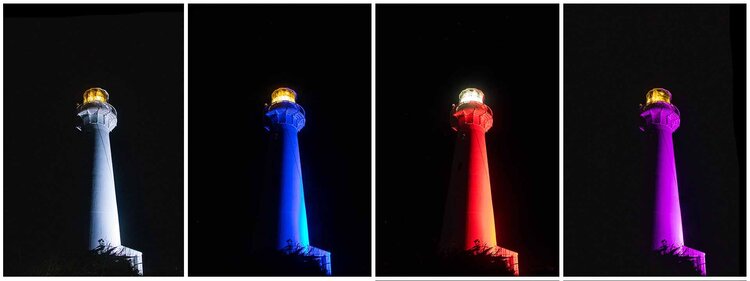 The lighthouse changes colour at night!