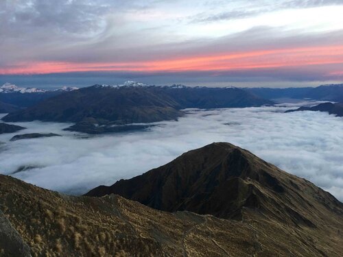 The second time I hiked Roys Peak at sunrise lake Wanaka was covered in clouds
